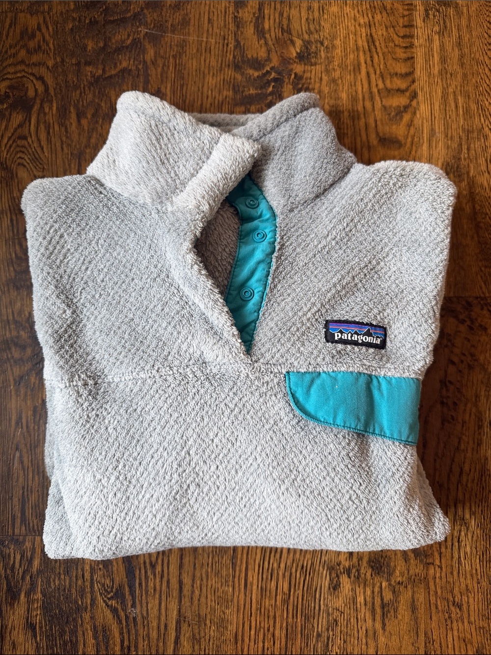 Patagonia Kids Light Gray Fleece Pullover with Teal Trim
